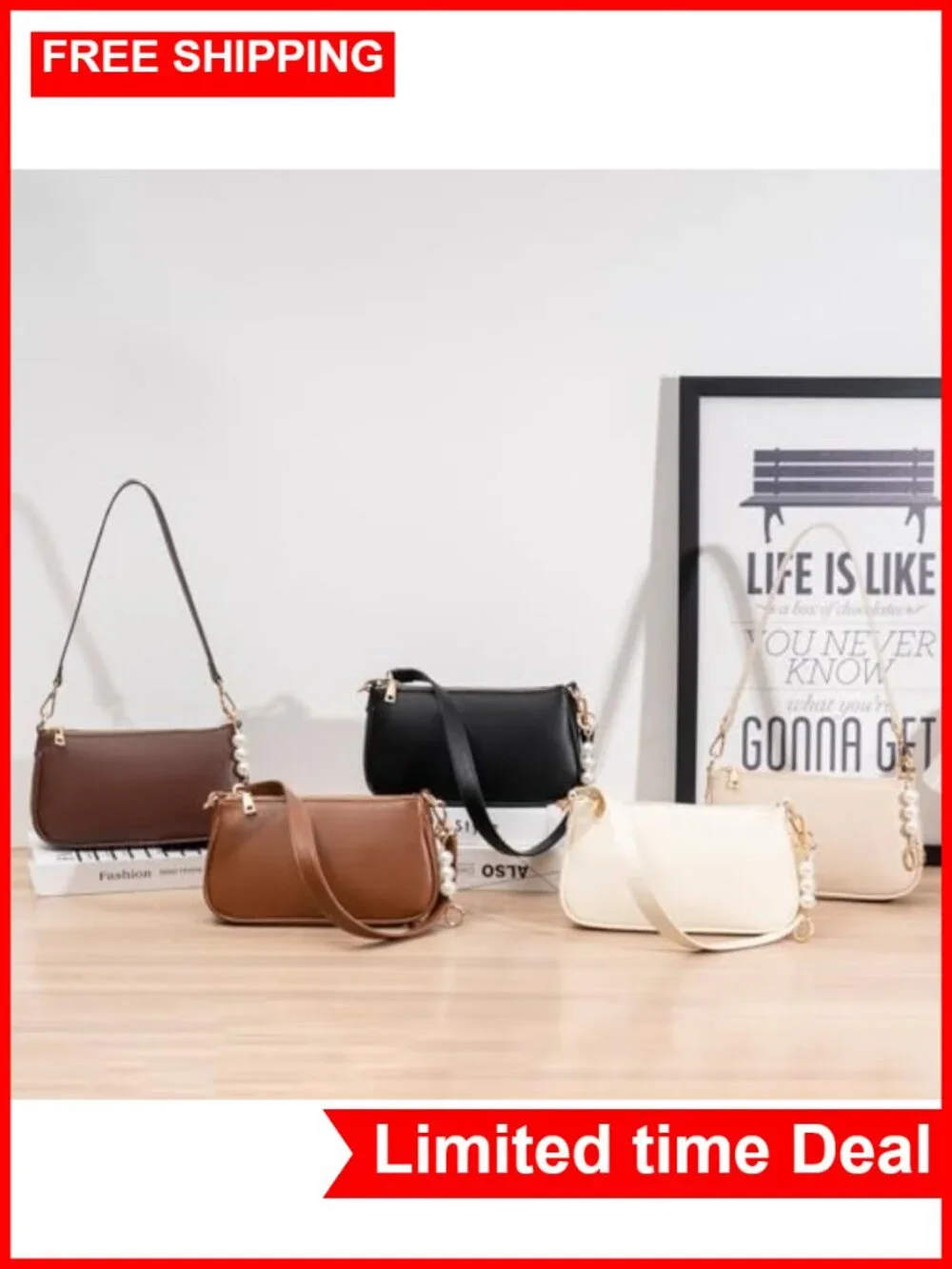 Vegan Leather Hobo Crossbody Purse with Pearl Chain Straps